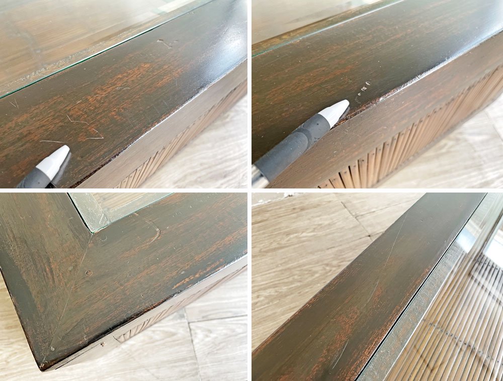 アジアン家具 無垢材 x バンブー ガラス天板 ローテーブル センターテーブル W120cm バリ家具 ●