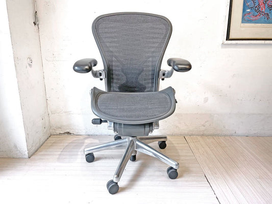 ハーマンミラー Herman Miller アーロンチェア Bサイズ ポスチャーフィット ポリッシュドアルミベース タキシードブラック フル装備 バナナクッション&ポスチャーフィットクッション新品 ★