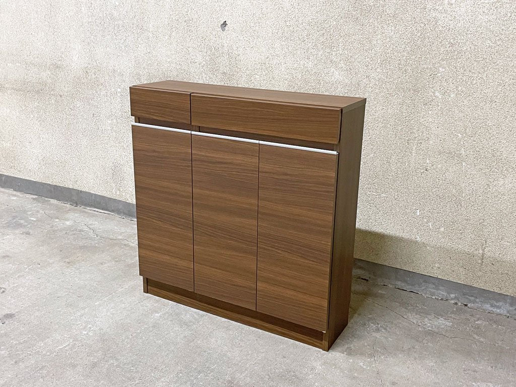 モダンデザイン リビング キャビネット ダークブラウン×アルミ 収納家具 幅 87? 奥行36? キッチン収納などに 〓