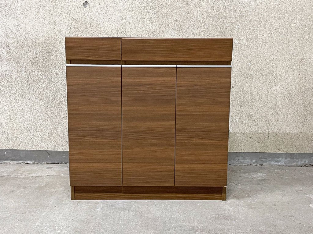 モダンデザイン リビング キャビネット ダークブラウン×アルミ 収納家具 幅 87? 奥行36? キッチン収納などに 〓