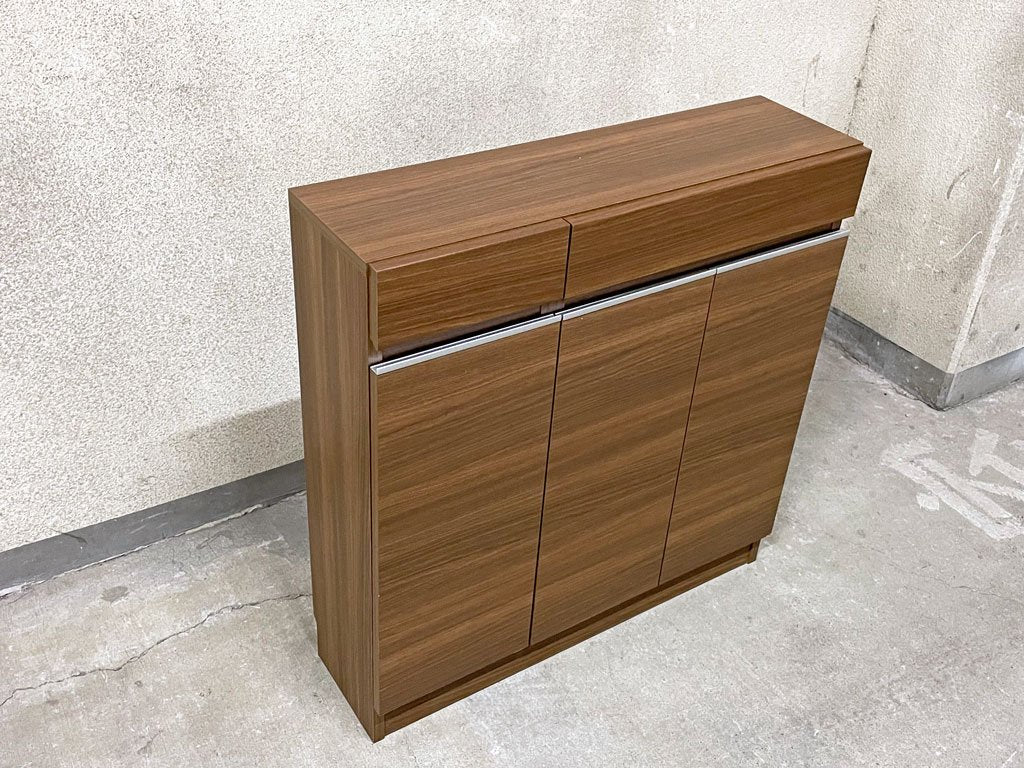 モダンデザイン リビング キャビネット ダークブラウン×アルミ 収納家具 幅 87? 奥行36? キッチン収納などに 〓