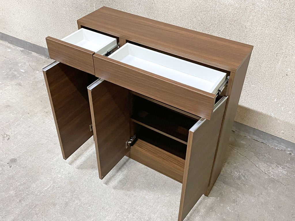 モダンデザイン リビング キャビネット ダークブラウン×アルミ 収納家具 幅 87? 奥行36? キッチン収納などに 〓