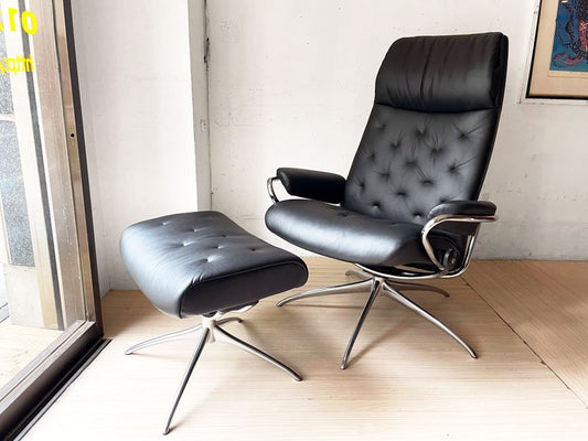 エコーネス EKORNES ストレスレス Stressless メトロ Metro ハイバック リクライニングチェア & オットマン Mサイズ ブラック レザー 本革 ★