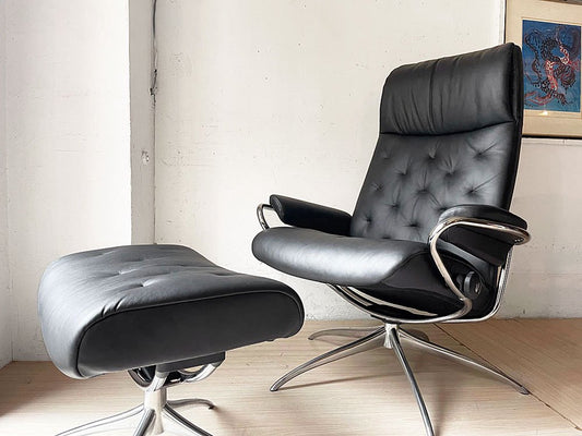 エコーネス EKORNES ストレスレス Stressless メトロ Metro ハイバック リクライニングチェア & オットマン Mサイズ ブラック レザー 本革 ★