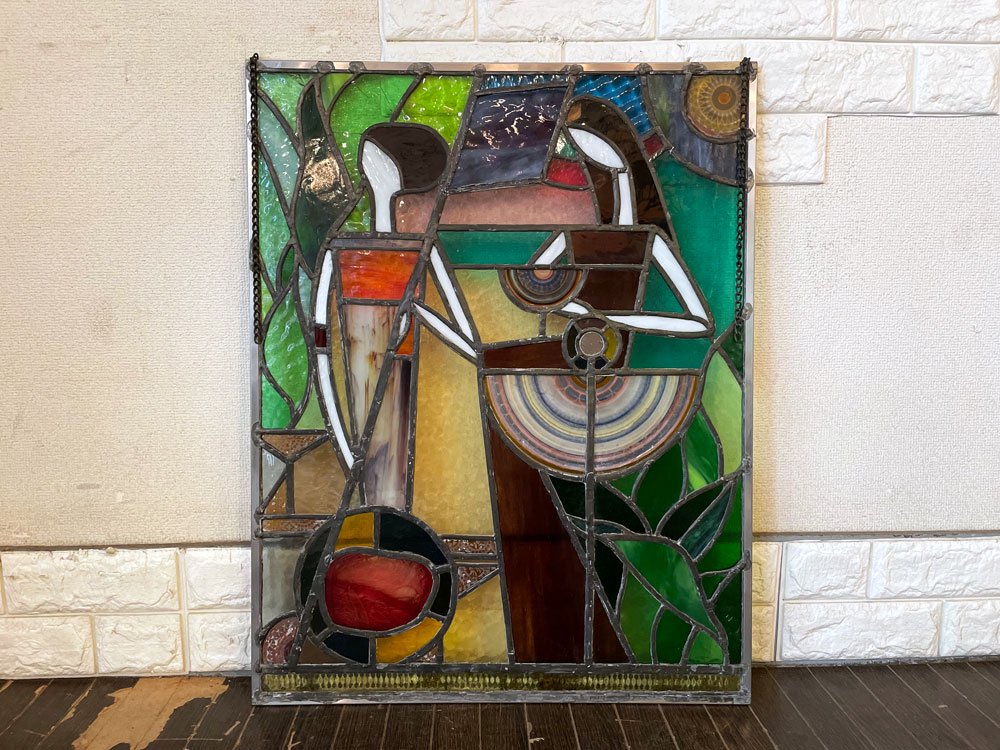ステンドグラス 人物 グラスアート ウォールデコ 壁飾り 55×71cm クラシカルスタイル ヒビ有 A ◎
