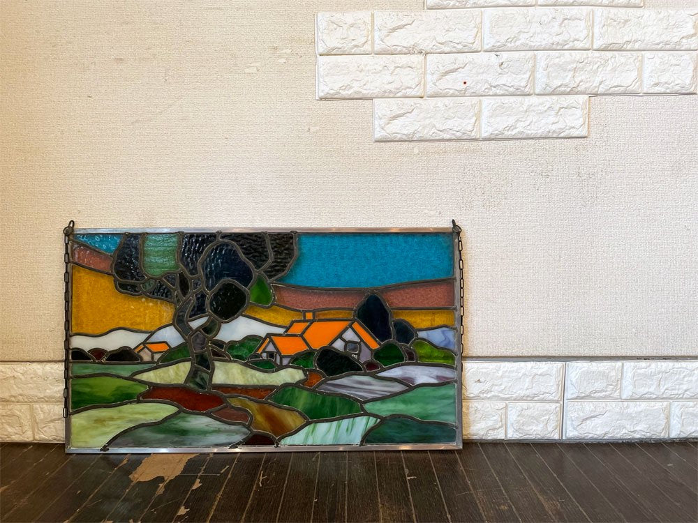 ステンドグラス 風景 家 グラスアート ウォールデコ 壁飾り 73×41cm クラシカルスタイル B ◎
