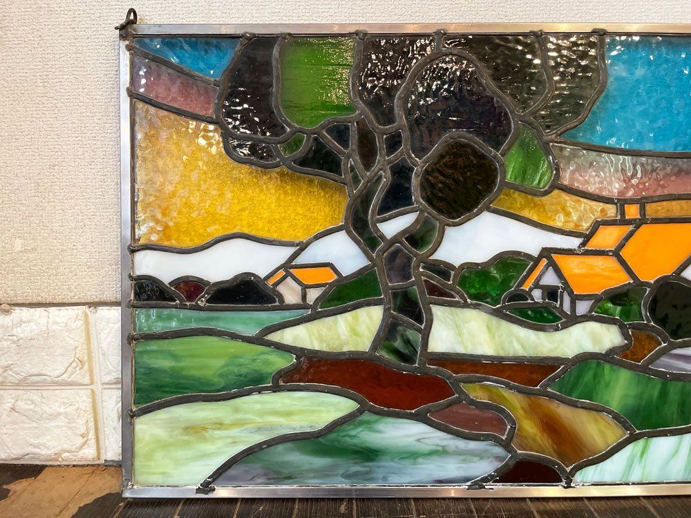 ステンドグラス 風景 家 グラスアート ウォールデコ 壁飾り 73×41cm クラシカルスタイル B ◎