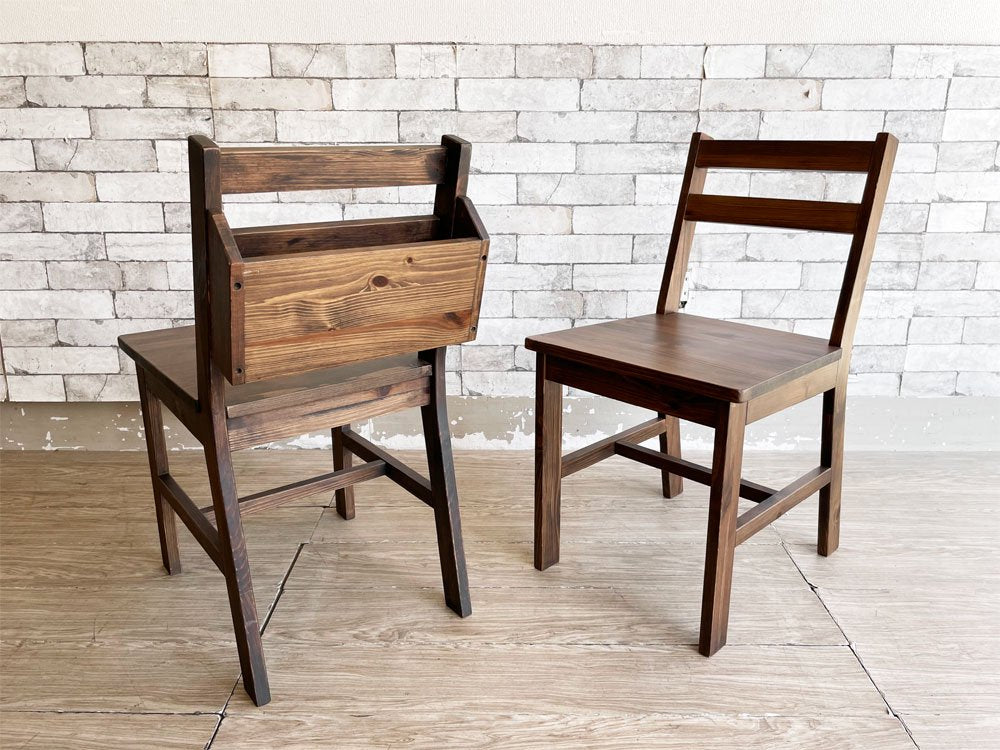 カントリースタイル Country Style ダイニングチェア＆ブックラック付きチェア 2脚セット ダークブラウン パイン材 チャーチチェア ●