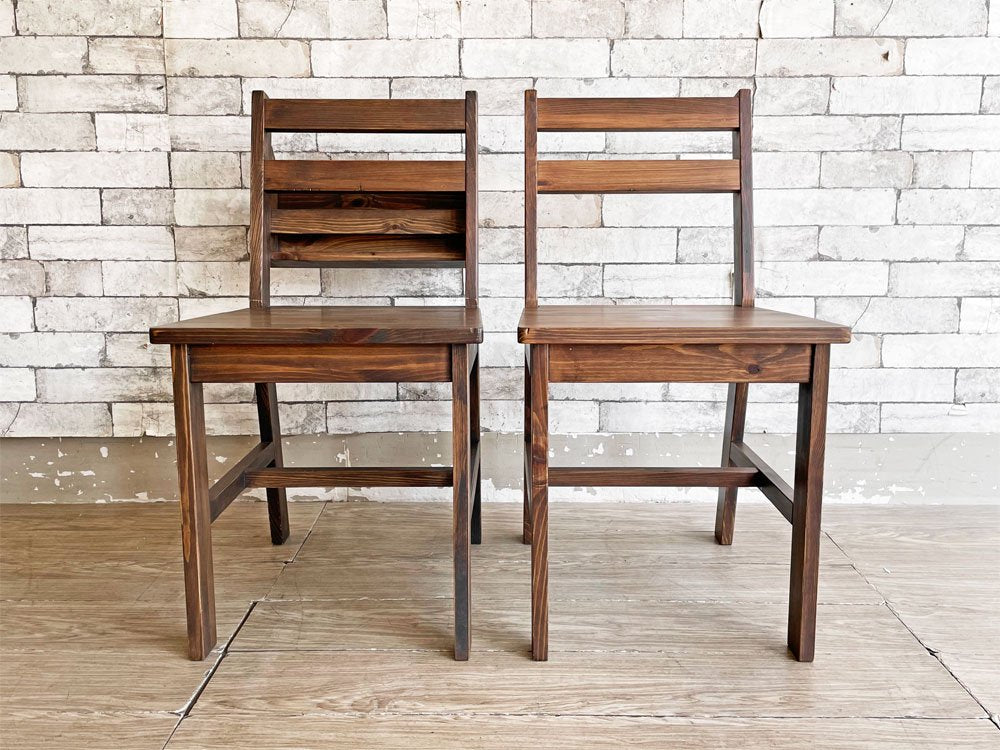 カントリースタイル Country Style ダイニングチェア＆ブックラック付きチェア 2脚セット ダークブラウン パイン材 チャーチチェア ●