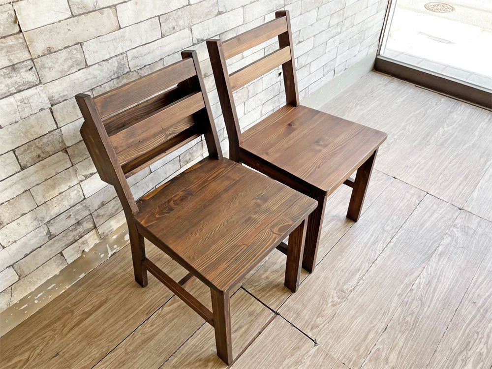 カントリースタイル Country Style ダイニングチェア＆ブックラック付きチェア 2脚セット ダークブラウン パイン材 チャーチチェア ●