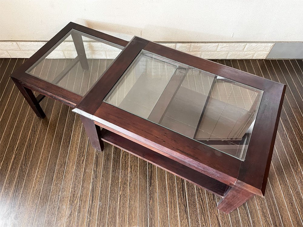 ビーカンパニー B-COMPANY ガラス × 木製フレーム ローテーブル センターテーブル W84-146cm 伸縮タイプ スライド式 廃番 ◎
