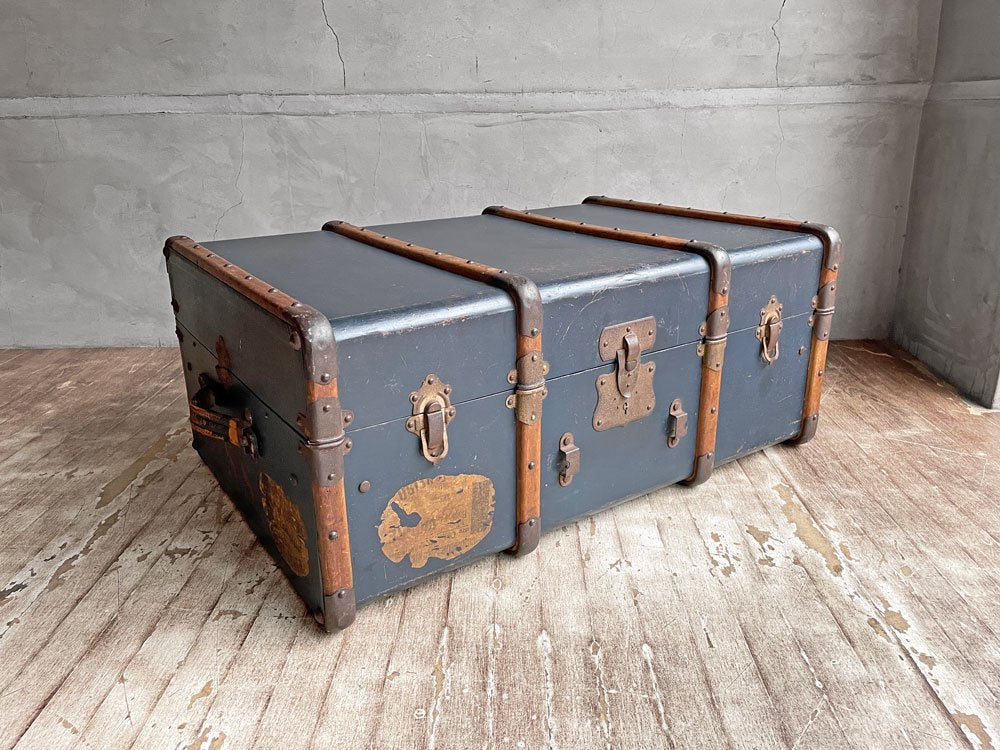 ビンテージ Vintage トランクケース コンテナボックス ネイビーブルー 木製フレーム 店舗什器 ディスプレイ 鍵欠品 ♪