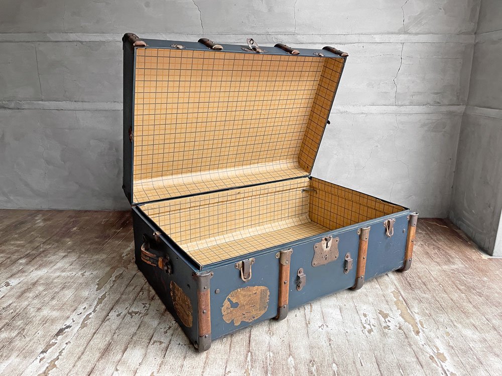 ビンテージ Vintage トランクケース コンテナボックス ネイビーブルー 木製フレーム 店舗什器 ディスプレイ 鍵欠品 ♪