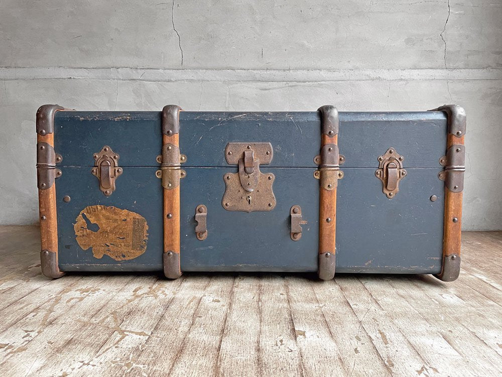 ビンテージ Vintage トランクケース コンテナボックス ネイビーブルー 木製フレーム 店舗什器 ディスプレイ 鍵欠品 ♪