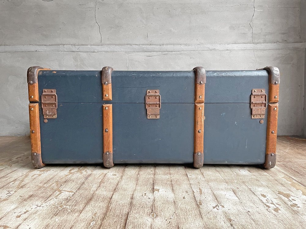 ビンテージ Vintage トランクケース コンテナボックス ネイビーブルー 木製フレーム 店舗什器 ディスプレイ 鍵欠品 ♪