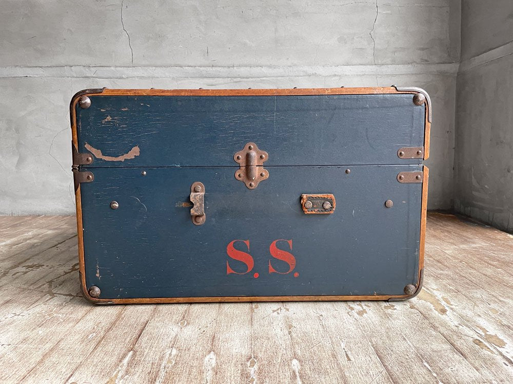 ビンテージ Vintage トランクケース コンテナボックス ネイビーブルー 木製フレーム 店舗什器 ディスプレイ 鍵欠品 ♪