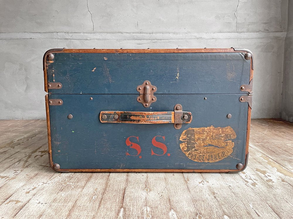 ビンテージ Vintage トランクケース コンテナボックス ネイビーブルー 木製フレーム 店舗什器 ディスプレイ 鍵欠品 ♪