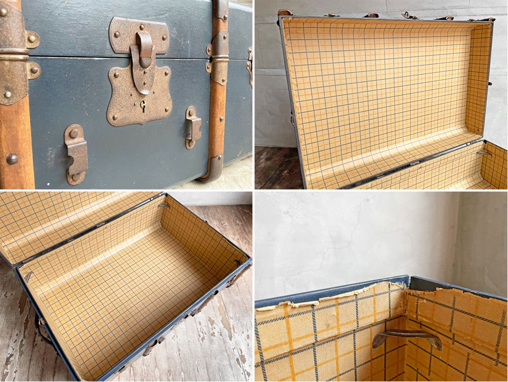 ビンテージ Vintage トランクケース コンテナボックス ネイビーブルー 木製フレーム 店舗什器 ディスプレイ 鍵欠品 ♪