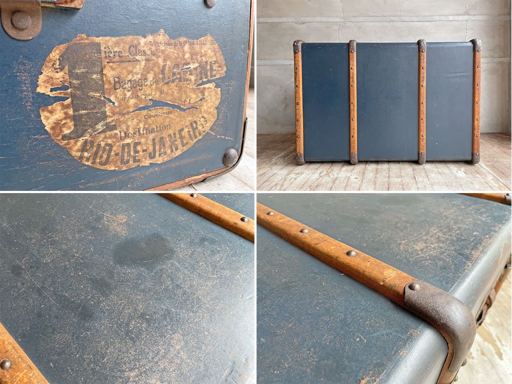 ビンテージ Vintage トランクケース コンテナボックス ネイビーブルー 木製フレーム 店舗什器 ディスプレイ 鍵欠品 ♪