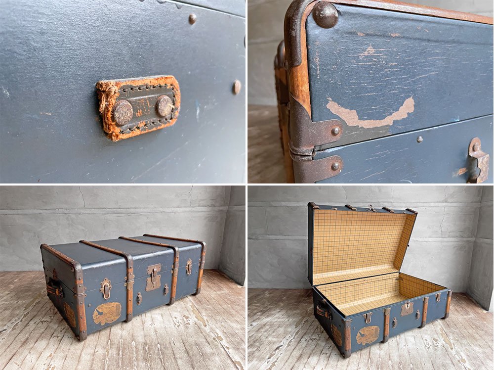 ビンテージ Vintage トランクケース コンテナボックス ネイビーブルー 木製フレーム 店舗什器 ディスプレイ 鍵欠品 ♪