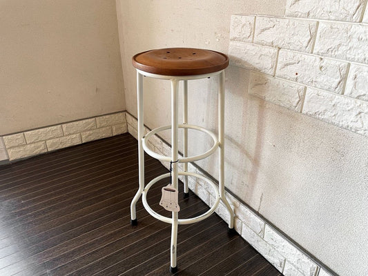 オールドメゾン old maison アイアンスツール Iron Stool 70cm チーク座面 ホワイトカラーフレーム ビンテージスタイル 定価￥17,160- ◎