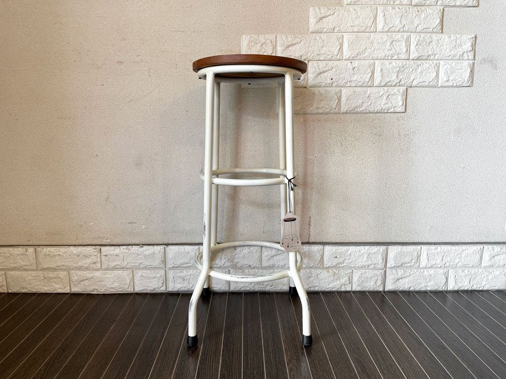 オールドメゾン old maison アイアンスツール Iron Stool 70cm チーク座面 ホワイトカラーフレーム ビンテージスタイル 定価￥17,160- ◎