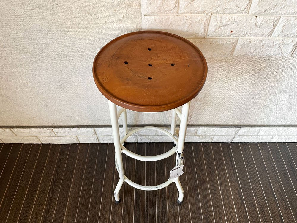 オールドメゾン old maison アイアンスツール Iron Stool 70cm チーク座面 ホワイトカラーフレーム ビンテージスタイル 定価￥17,160- ◎