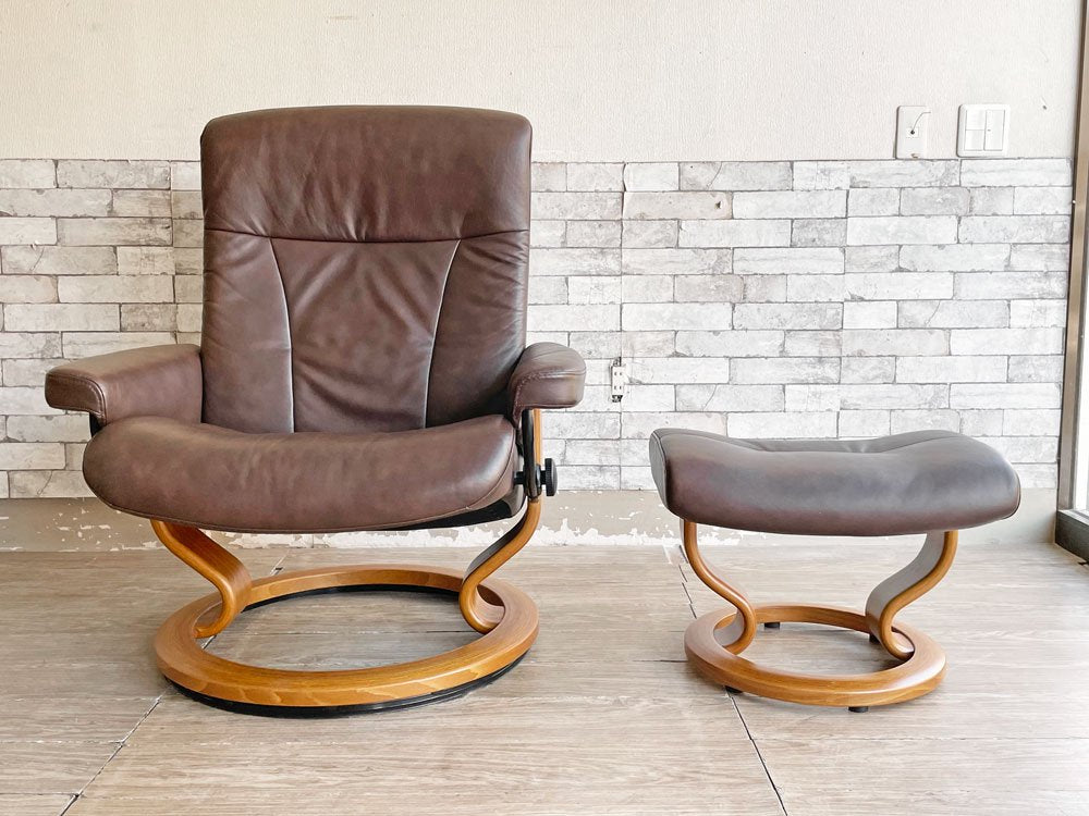 エコーネス EKORNES ストレスレス stressless クラシックベース リクライニングチェア ＆ オットマン レザー ブラウン 北欧 ノルウェー 美品 ●