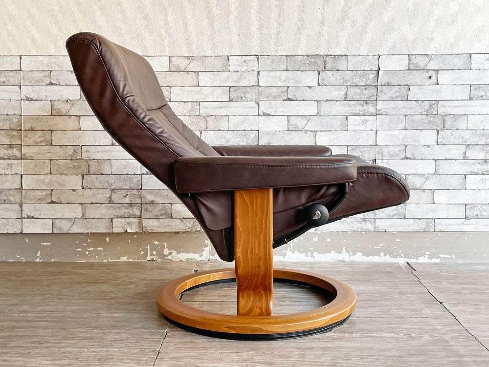 エコーネス EKORNES ストレスレス stressless クラシックベース リクライニングチェア ＆ オットマン レザー ブラウン 北欧 ノルウェー 美品 ●