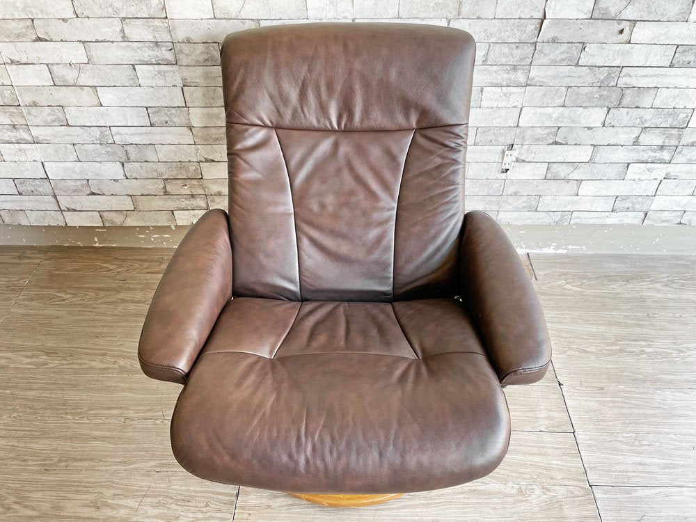 エコーネス EKORNES ストレスレス stressless クラシックベース リクライニングチェア ＆ オットマン レザー ブラウン 北欧 ノルウェー 美品 ●