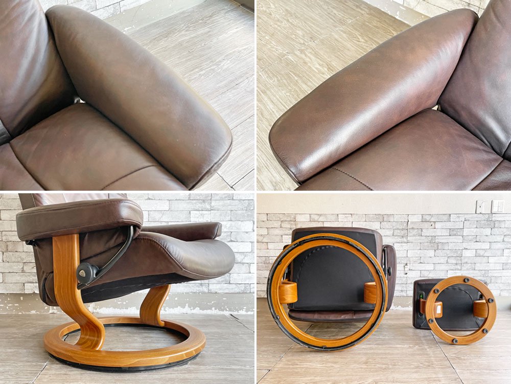 エコーネス EKORNES ストレスレス stressless クラシックベース リクライニングチェア ＆ オットマン レザー ブラウン 北欧 ノルウェー 美品 ●