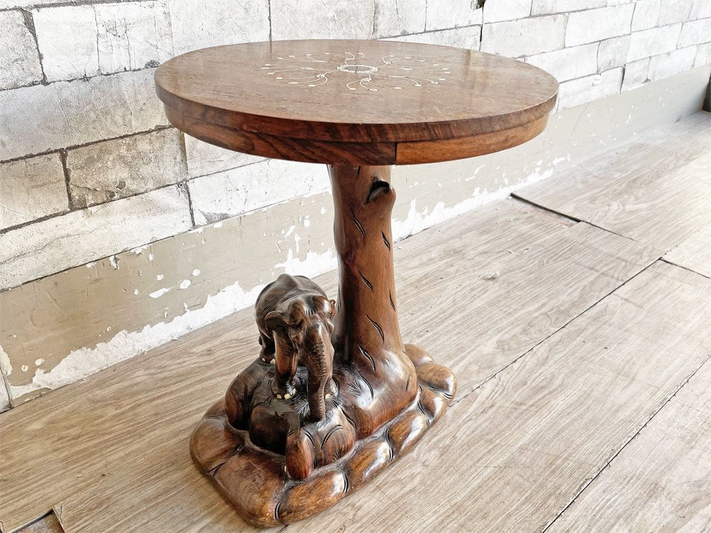 アジアンビンテージ Asian Vintage 象モチーフ 木彫 象嵌 花台 プランター台 サイドテーブル ラウンド Φ32cm アジアン家具 ●