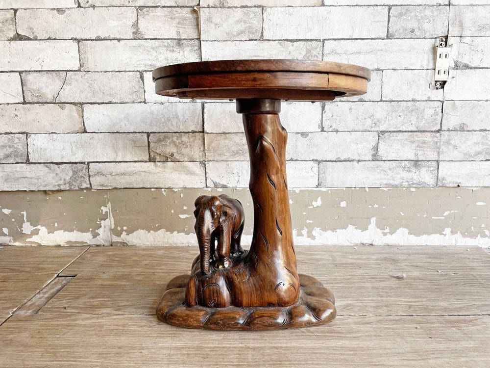 アジアンビンテージ Asian Vintage 象モチーフ 木彫 象嵌 花台 プランター台 サイドテーブル ラウンド Φ32cm アジアン家具 ●