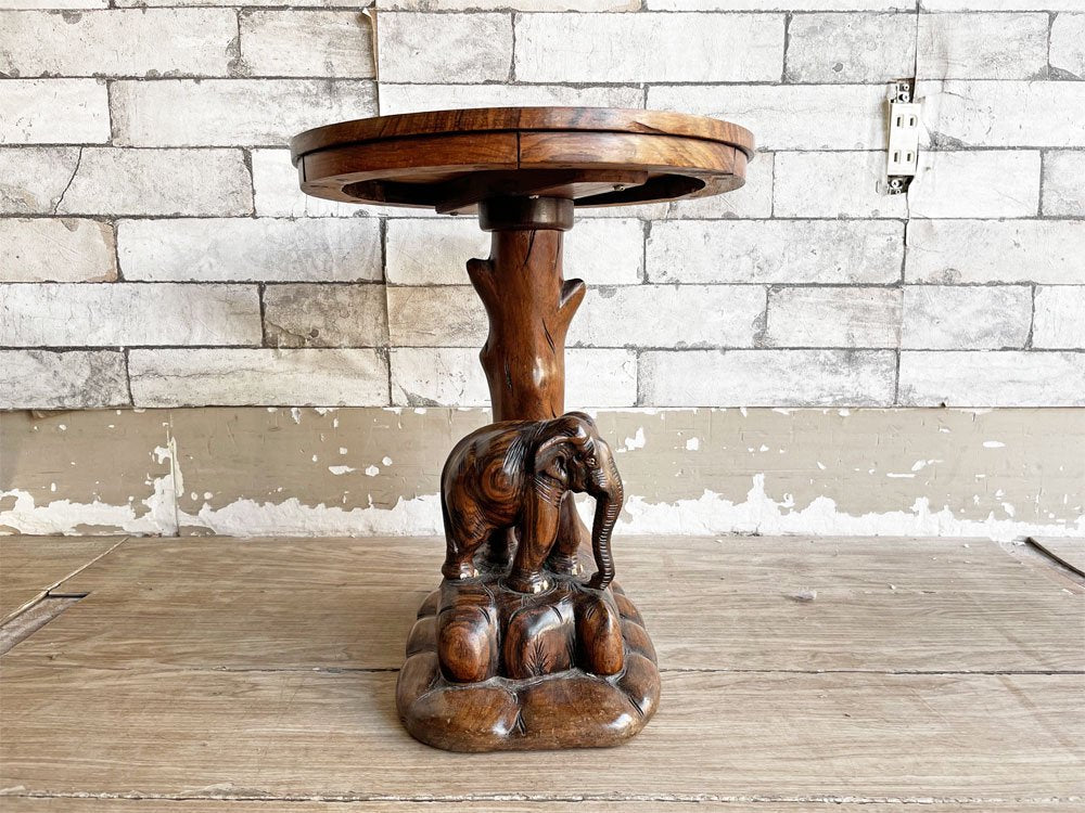 アジアンビンテージ Asian Vintage 象モチーフ 木彫 象嵌 花台 プランター台 サイドテーブル ラウンド Φ32cm アジアン家具 ●