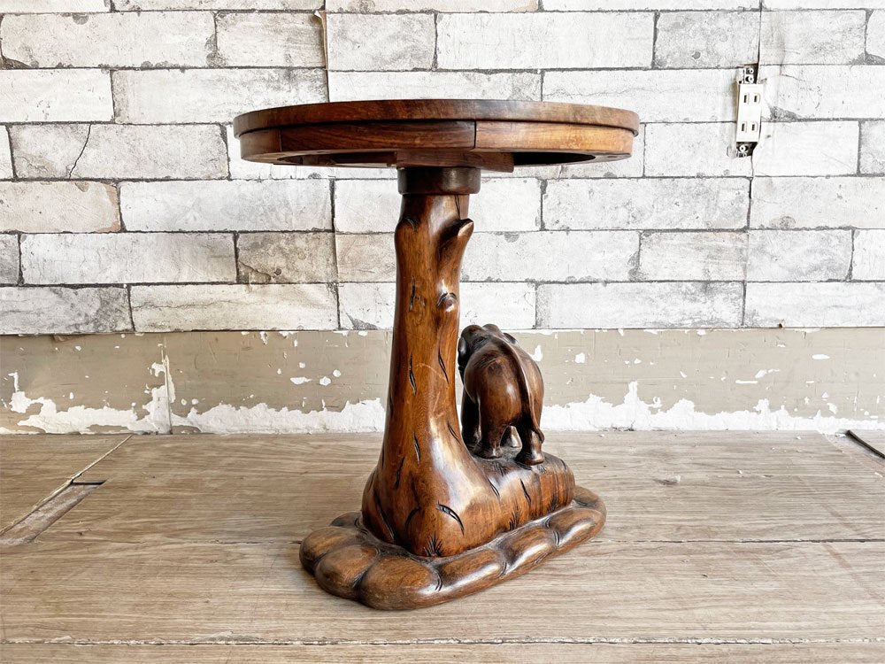 アジアンビンテージ Asian Vintage 象モチーフ 木彫 象嵌 花台 プランター台 サイドテーブル ラウンド Φ32cm アジアン家具 ●