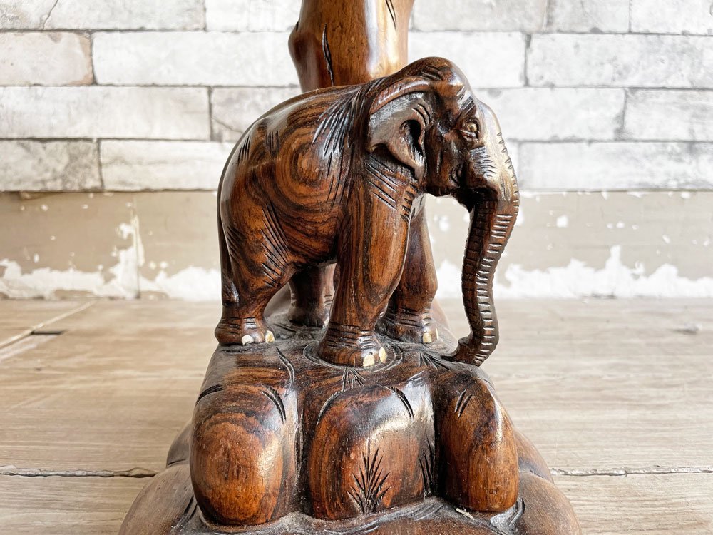 アジアンビンテージ Asian Vintage 象モチーフ 木彫 象嵌 花台 プランター台 サイドテーブル ラウンド Φ32cm アジアン家具 ●