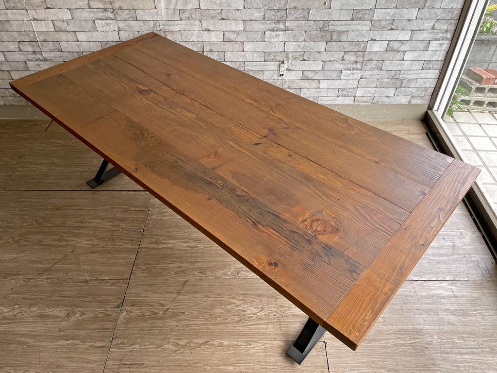 インダストリアルデザイン 無垢材×スチール ダイニングテーブル ワークテーブル Xレッグ W200×D90×H67cm 古材 店舗什器 ビンテージスタイル 工業系 ●