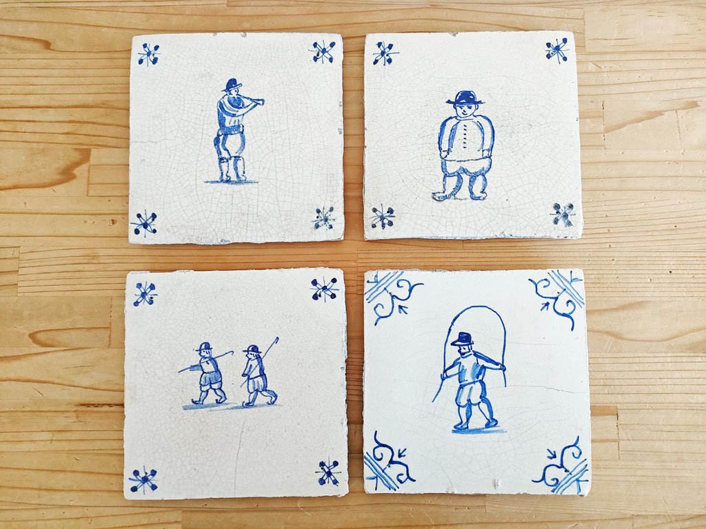 オランダ アンティーク Dutch Antique デルフト タイル 4枚セット ヨーロピアン ●
