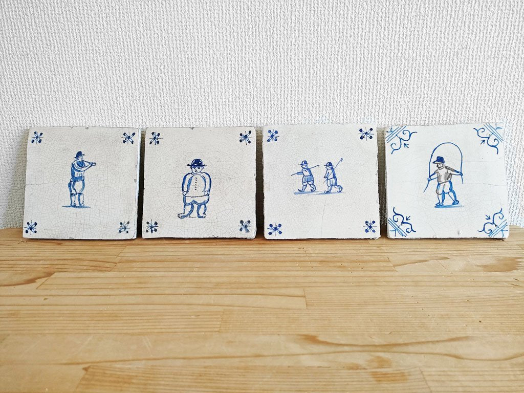 オランダ アンティーク Dutch Antique デルフト タイル 4枚セット ヨーロピアン ●