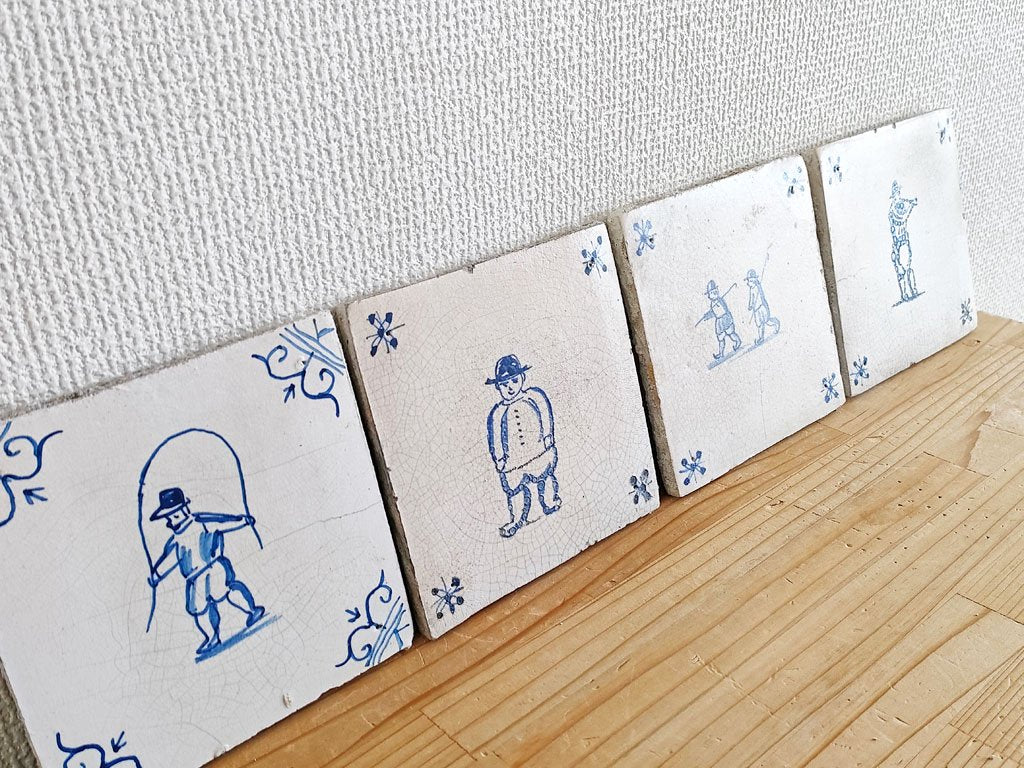 オランダ アンティーク Dutch Antique デルフト タイル 4枚セット ヨーロピアン ●