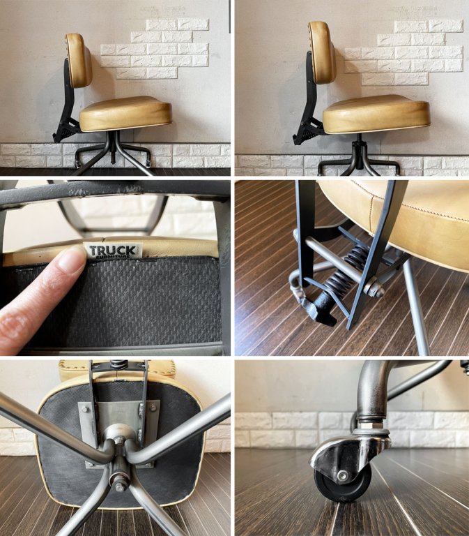 トラックファニチャー TRUCK FURNITURE デスクワークチェア DESKWORK CHAIR アームレス 本革 スチールフレーム 回転式座面昇降 キャスター付 定価￥129,800- ◎