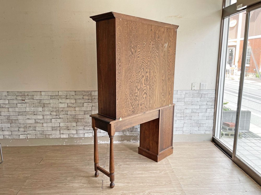 横浜元町 竹中家具 takenaka furniture オーク材 食器棚 カップボード 本棚 キャビネット H190cm 上下分割式 ゴシック クラシカルデザイン ●