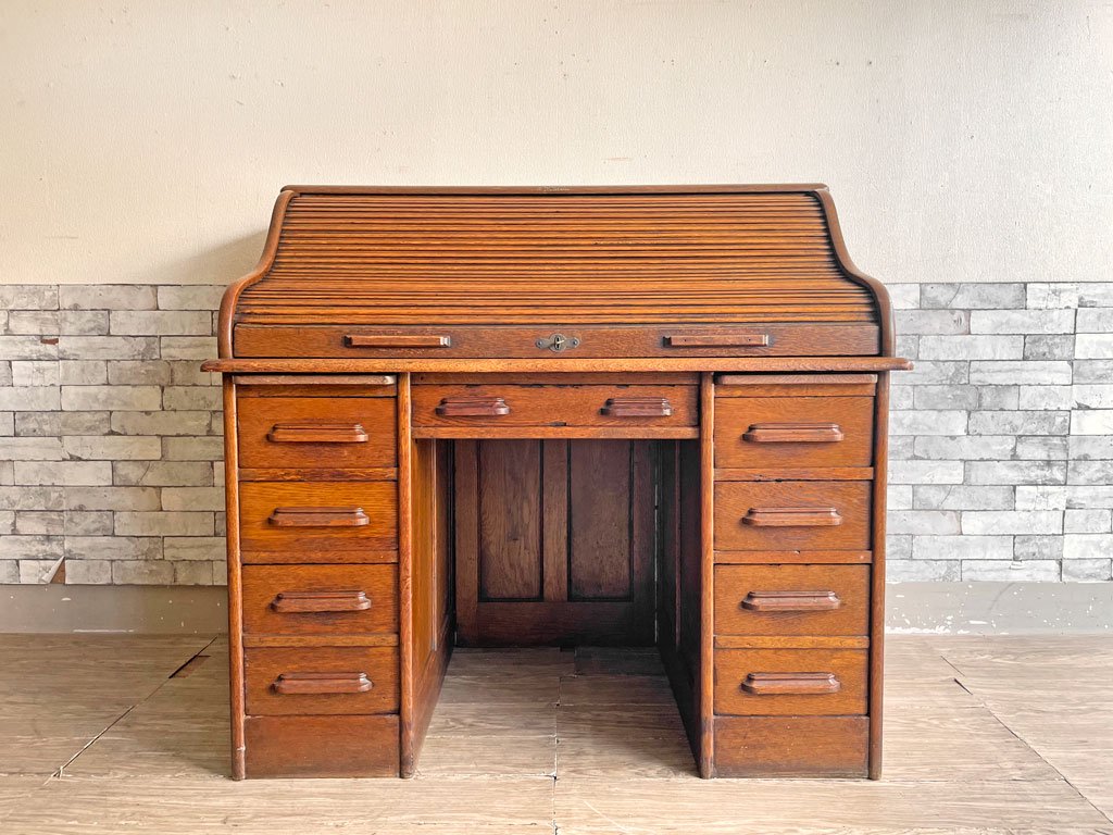 シンポール リバプール SIMPOLE LIVERPOOL UKビンテージ 英国アンティーク ロールトップデスク 両袖机 1920-30s エドワーディアン 楢無垢材 蛇腹 鍵付 ●