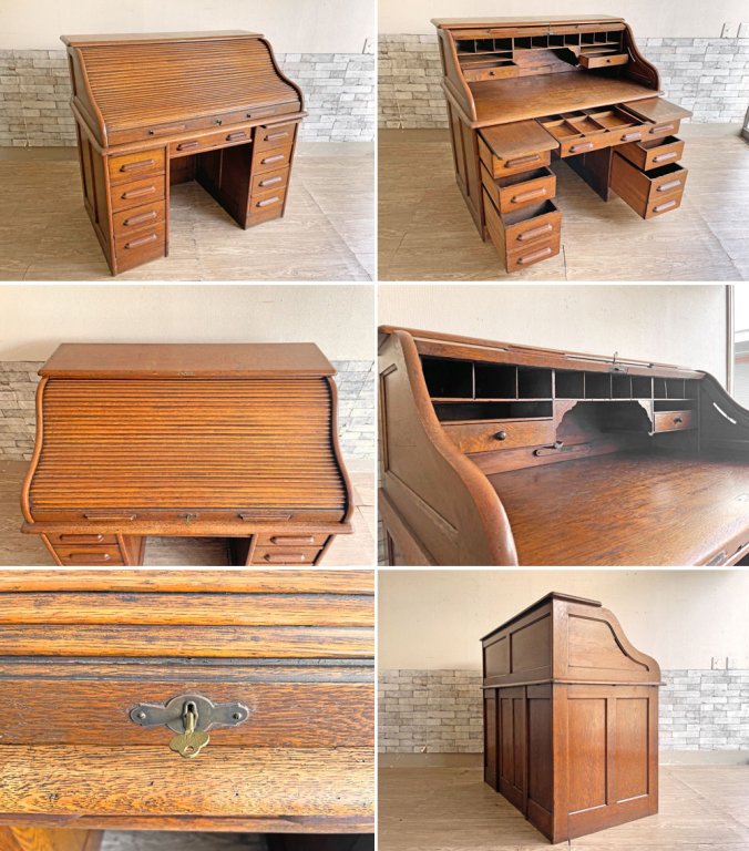 シンポール リバプール SIMPOLE LIVERPOOL UKビンテージ 英国アンティーク ロールトップデスク 両袖机 1920-30s エドワーディアン 楢無垢材 蛇腹 鍵付 ●