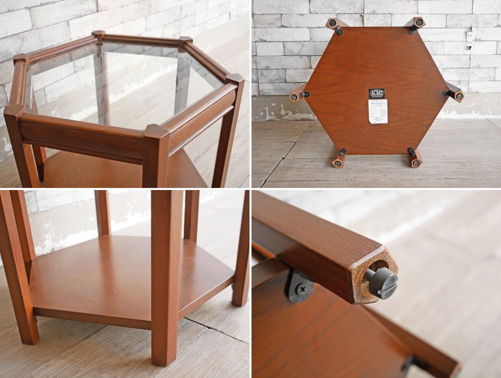 アクメファニチャー ACME Furniture ブルックス ヘキサゴンテーブル BROOKS HEXAGON TABLE サイドテーブル ガラス天板 オーク材 定価￥27,500- ●