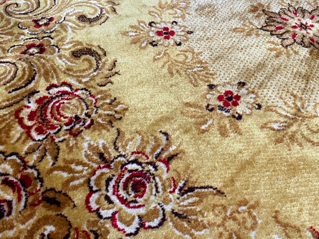 ビンテージ ラウンド ラグ カーペット 段通 織物 ペルシャ 絨毯 インテリア 直径245ｃｍ アンティーク柄 暖色系 イエロー Vintage 古道具 〓