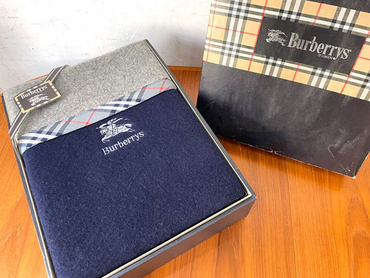 バーバリー BURBERRY トラディション ウール100% ブランケット 毛布 ホースロゴ 日本製 ネイビー×グレー 未使用品 ★