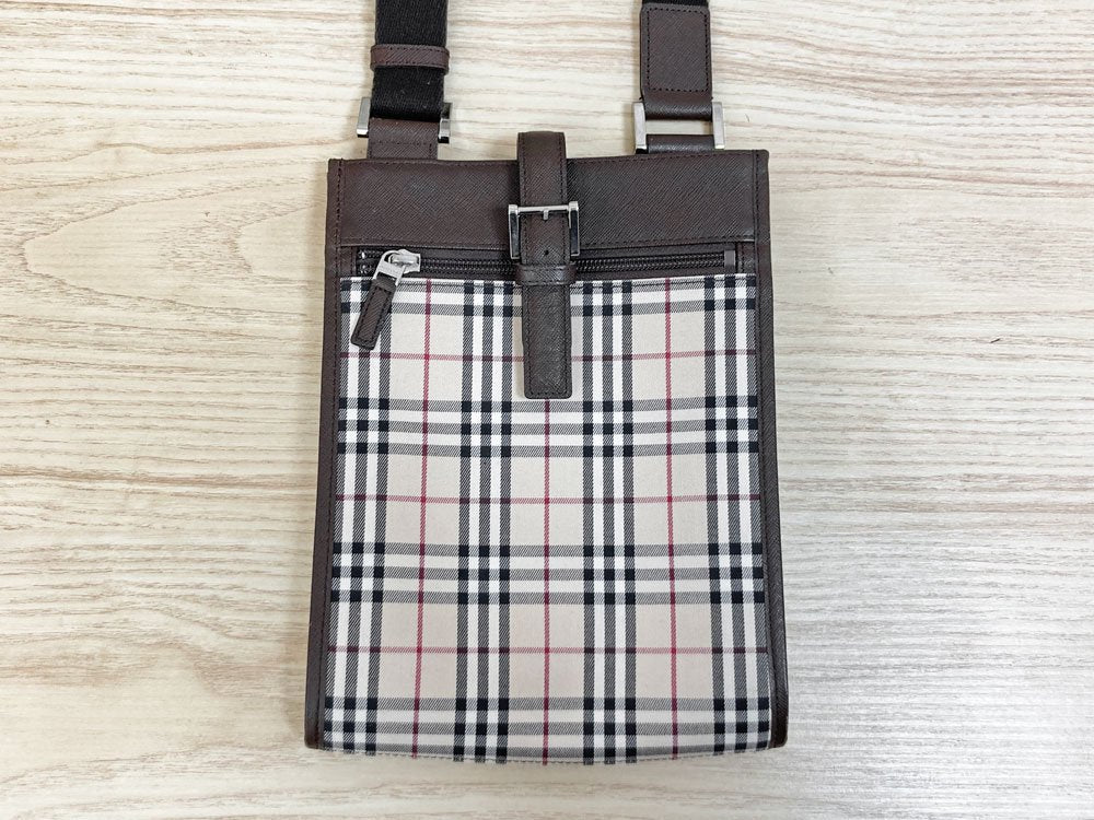 バーバリー BURBERRY ショルダーバッグ ノバチェック スクエア型 キャンバス×レザー イギリス ●