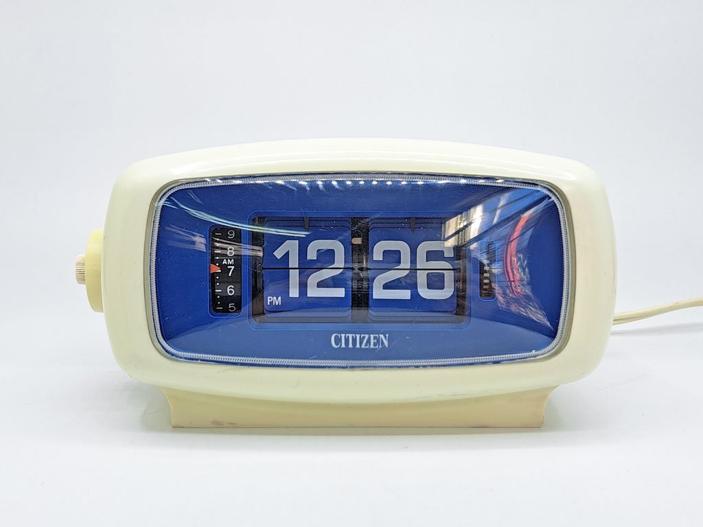 シチズン CITIZEN パタパタ時計 RHYTHM 5RD001 1974年製 ホワイト×ブルー アラームクロック 置き時計 レトロ スペースエイジ ●