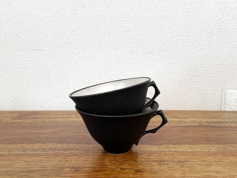 木下和美 黒釉銀彩 ティーカップ Lサイズ Φ10cm 磁器 現代作家 A ◎